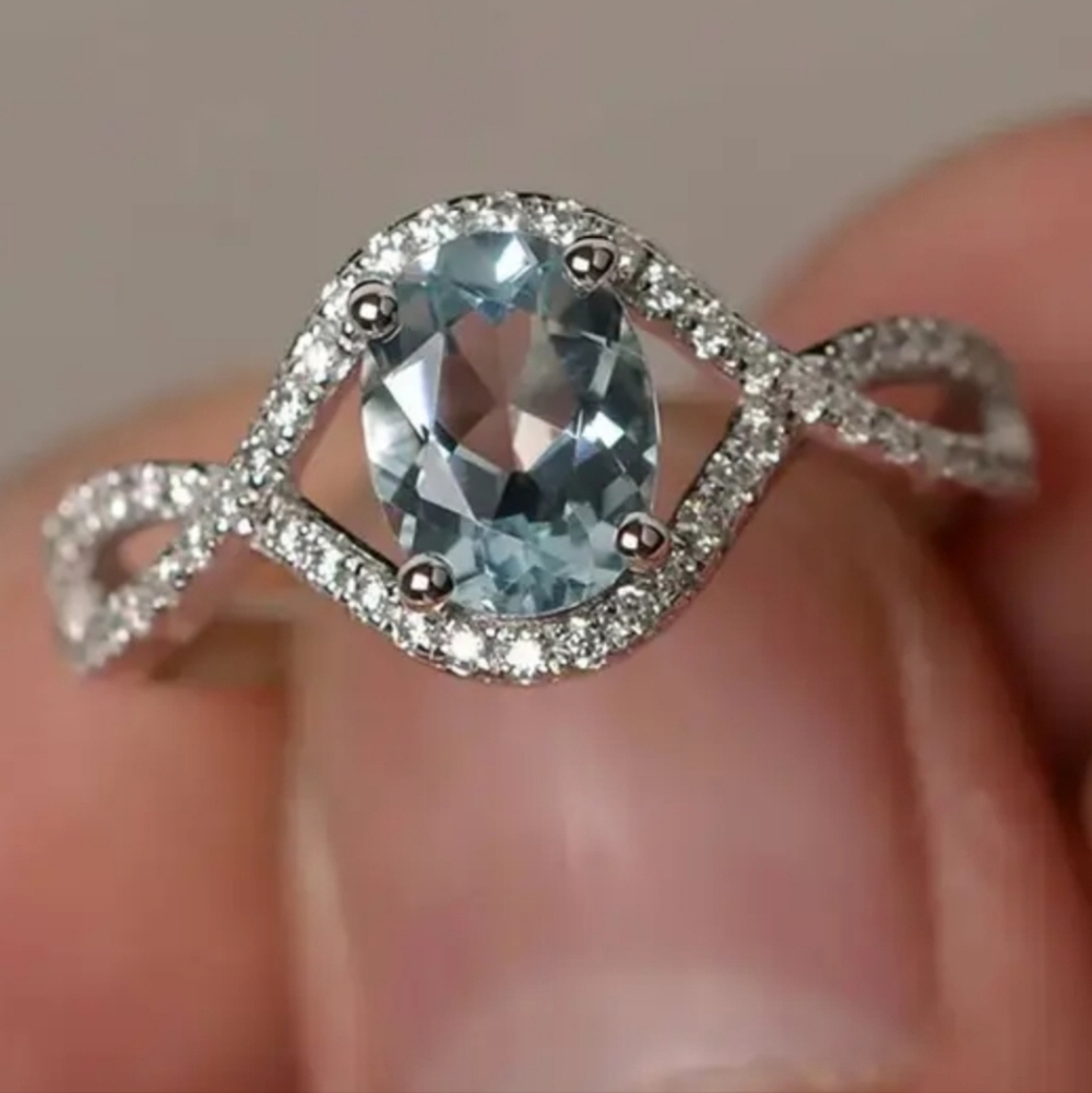 Silver Tone Blue Aquamarine Faux Gemstone Ring